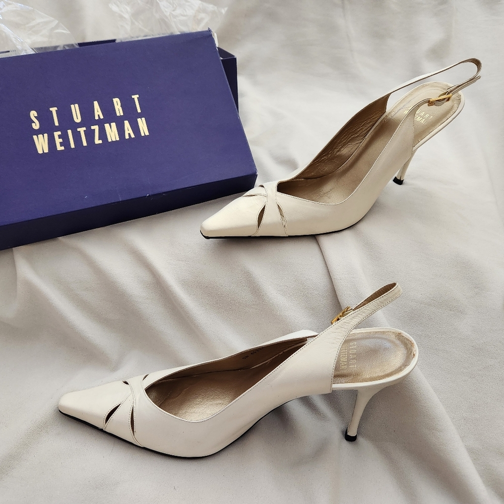 Stuart Weitzman Off-White Leather Slingback 4" High Heels 11M Orig $395